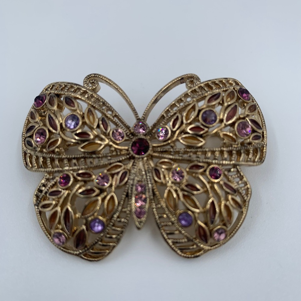 Vintage Gold Tone Filigree Butterfly Brooch Pin Purple Pink Amethyst Rhinestone